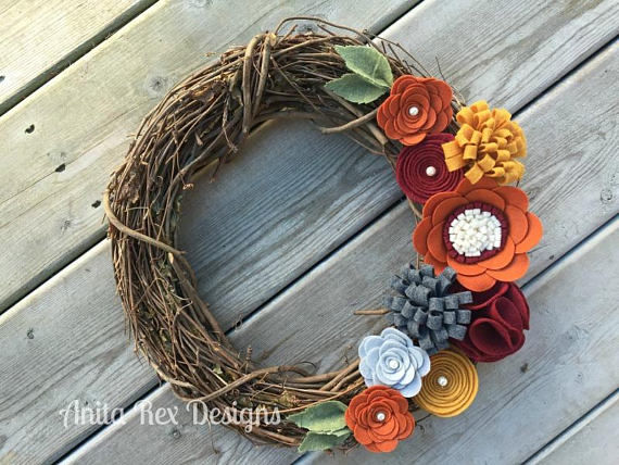 Fall wreath, felt flowers, etsy Anita Rex Designs