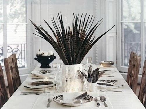 Fall table setting, thanksgiving centerpiece, elements at home, feather decorating